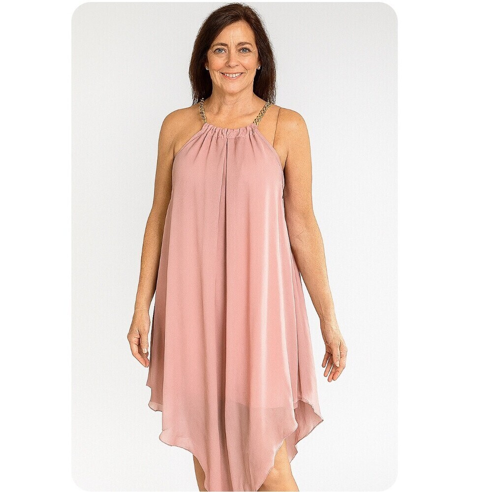 Debshops dress halter blush pink chiffon gold chain neckline asymmetrical SZ 1XL